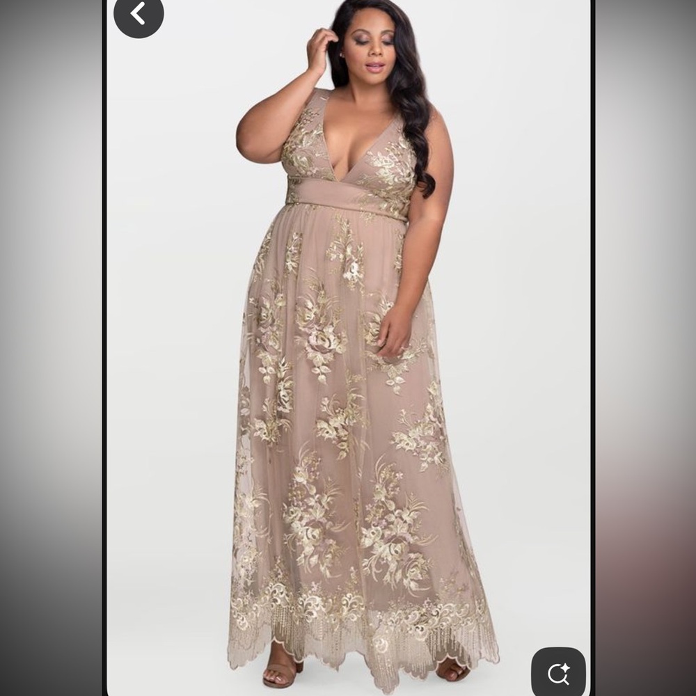Azazie Taupe Maxi Dress with Gold Floral Embroidery